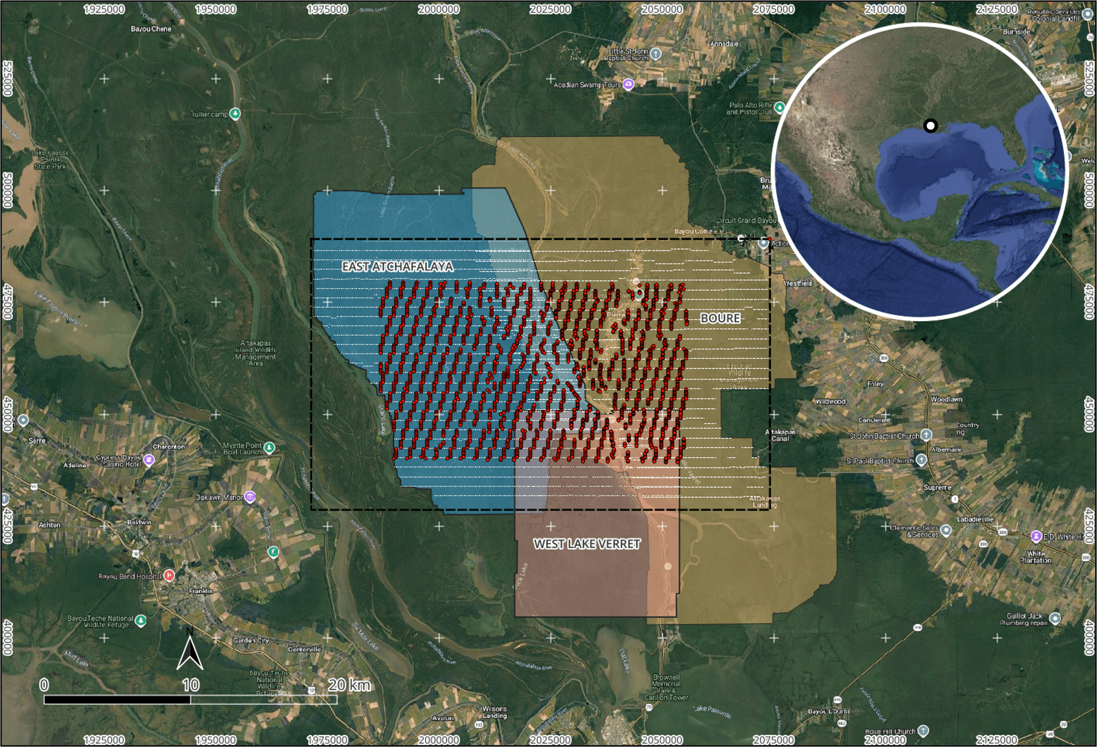 Survey map of merged datasets with shots and receivers overlaid